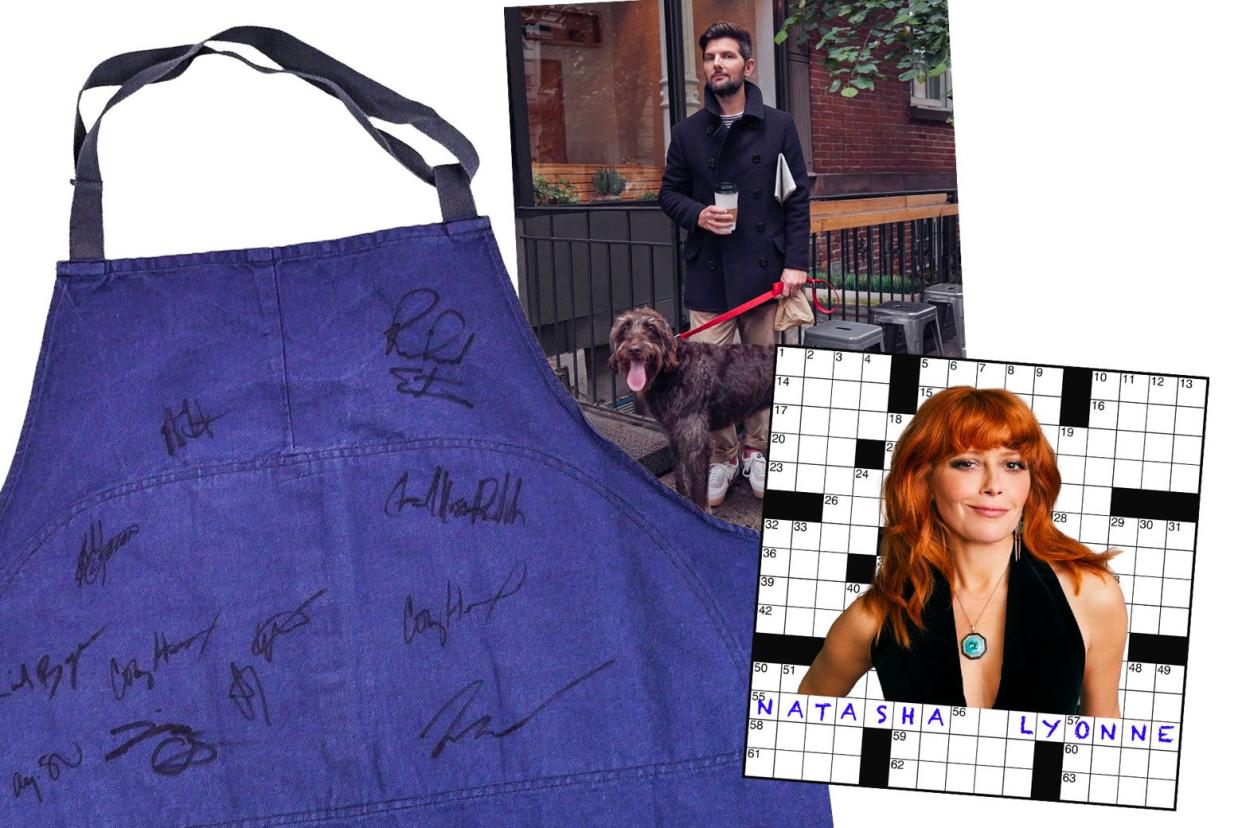 A collage shows a big blue apron covered in signatures, a photo of Adam Scott looking dapper in a peacoat with a coffee in one hand and a happy dog on a leash in the other, and a photo of Natasha Lyonne photoshopped into a crossword with the name Natasha Lyonne written into the crossword in blue pen