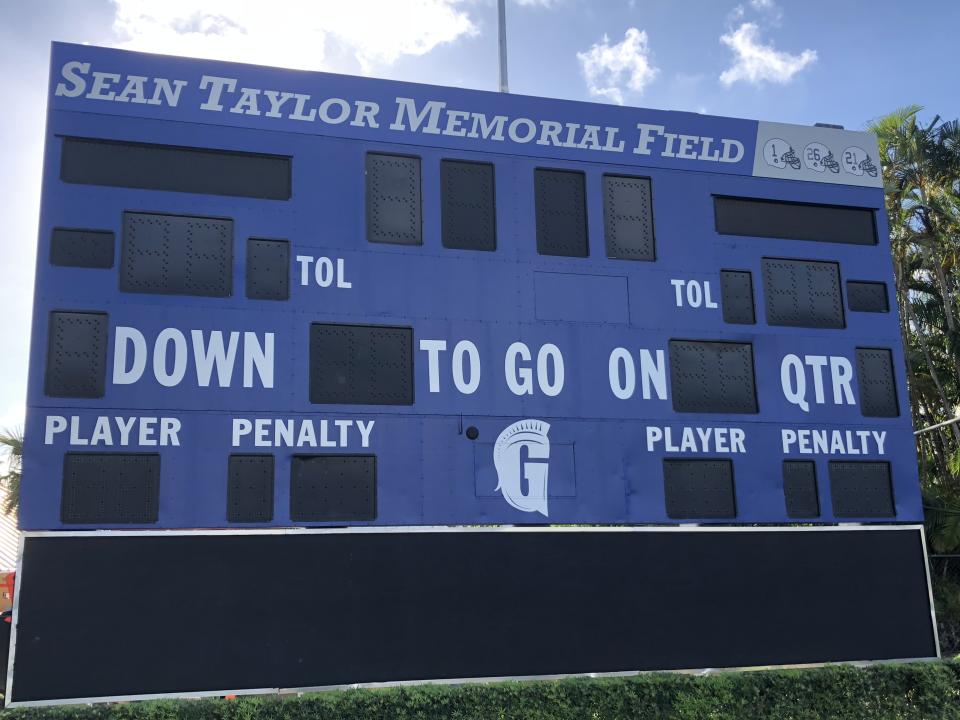 The football field at Gulliver Prep in the Miami area is dedicated to one of its alums, Sean Taylor. (Yahoo Sports)