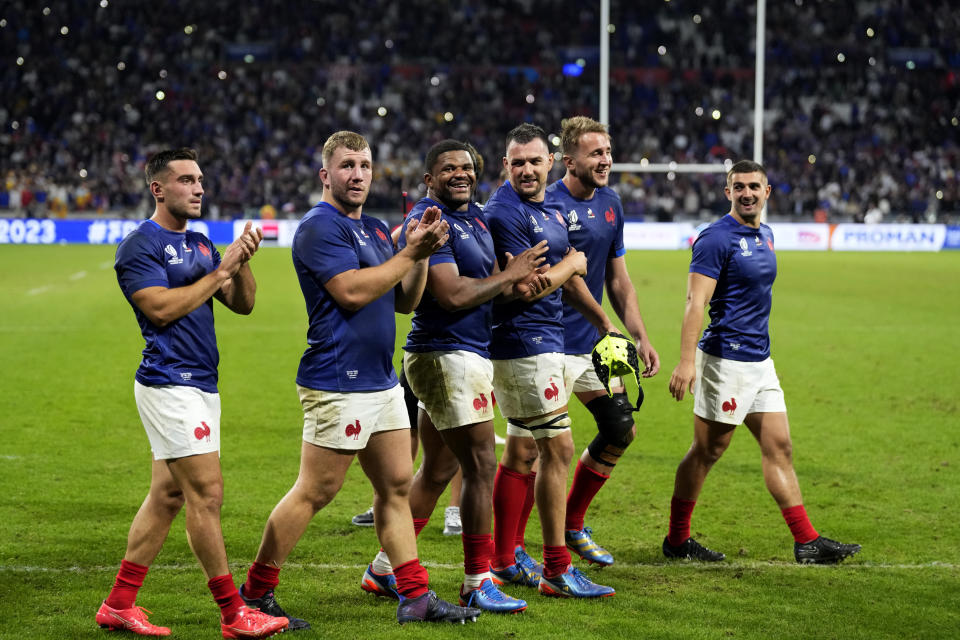 French players wave the fans after the Rugby World Cup Pool A match between France and Italy at the OL Stadium in Lyon, France, Friday, Oct. 6, 2023. (AP Photo/Pavel Golovkin)