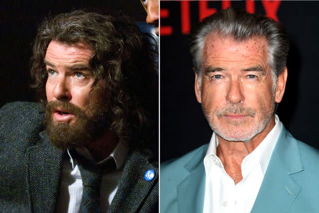 <p>Kobal/Shutterstock; Albert L. Ortega/Getty</p> Pierce Brosnan in 'Percy Jackson and the Olympians: The Lightning Thief'