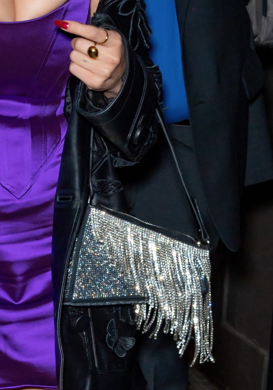 NEW YORK, NEW YORK - SEPTEMBER 13: Singer/actress Selena Gomez, handbag detail, is seen leaving VMAs After Party Hosted by Diddy on September 13, 2023 in New York City. (Photo by Gilbert Carrasquillo/GC Images)