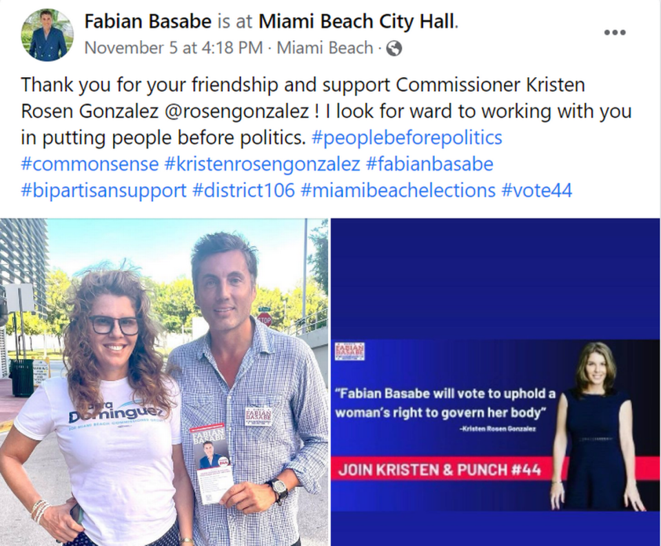 Una publicación en redes sociales del candidato republicano Fabián Basabe promocionaba el apoyo de la comisionada de la ciudad de Miami Beach Kristen Rosen González.
