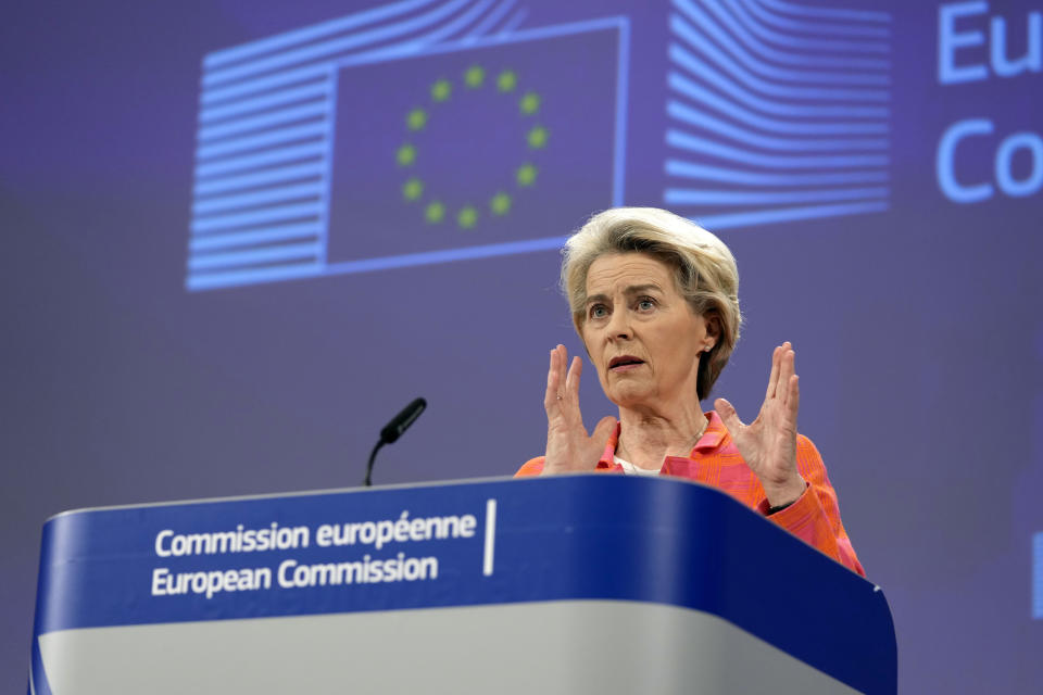 FILE - European Commission President Ursula von der Leyen addresses a media conference, ahead of the G-7 summit, at EU headquarters in Brussels, May 15, 2023. Leaders of the Group of Seven advanced economies are generally united in voicing concern about China. The question is how to translate that worry into action. (AP Photo/Virginia Mayo, File)