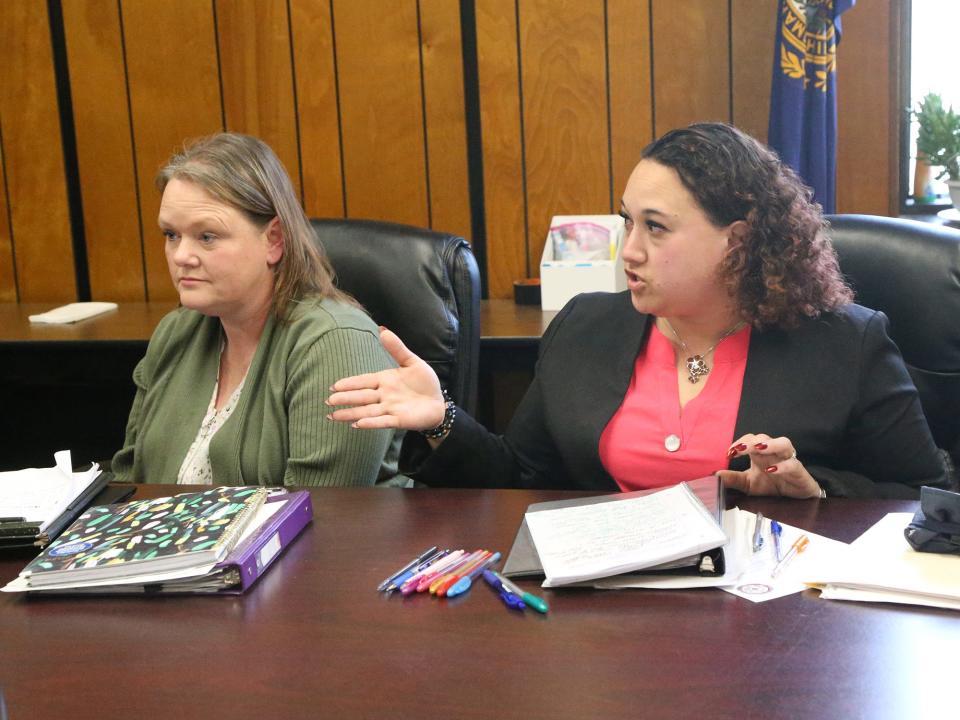 Willand Warming Center leaders Amy Malone, left, and Melena Lugo of Karlee's Home Team speak at the Strafford County commissioners Monday, March 11, 2024.