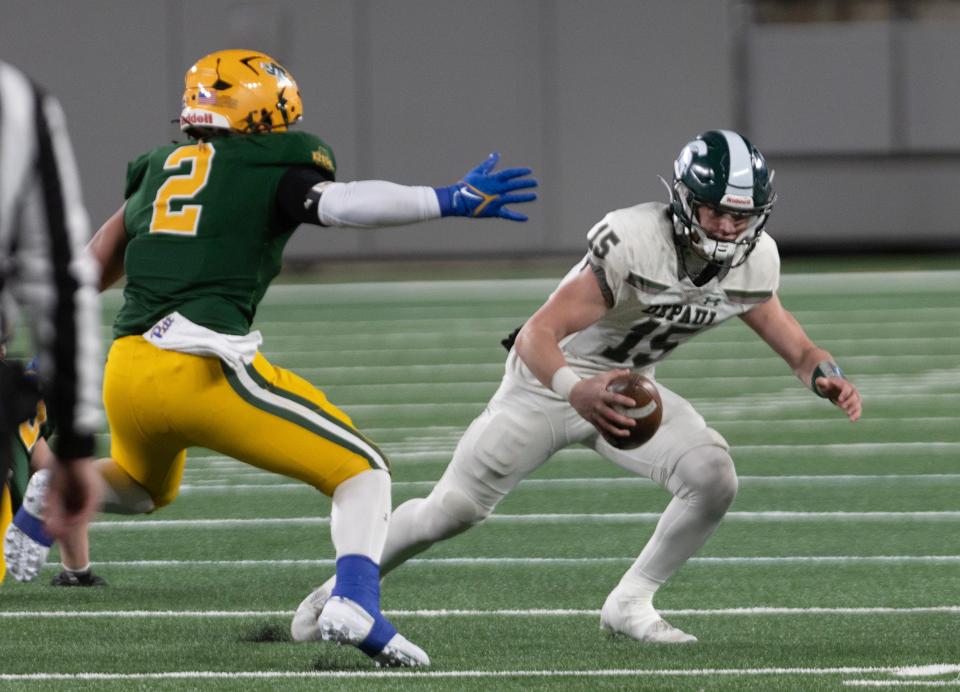 Red Bank Catholic middle linebacker Davin Brewton (No. 2), shown chasing DePaul quarterback Derek Zammitt during the Caseys' 14-7 win in the NJSIAA Non Public B championship game, is a Pitt recruit.