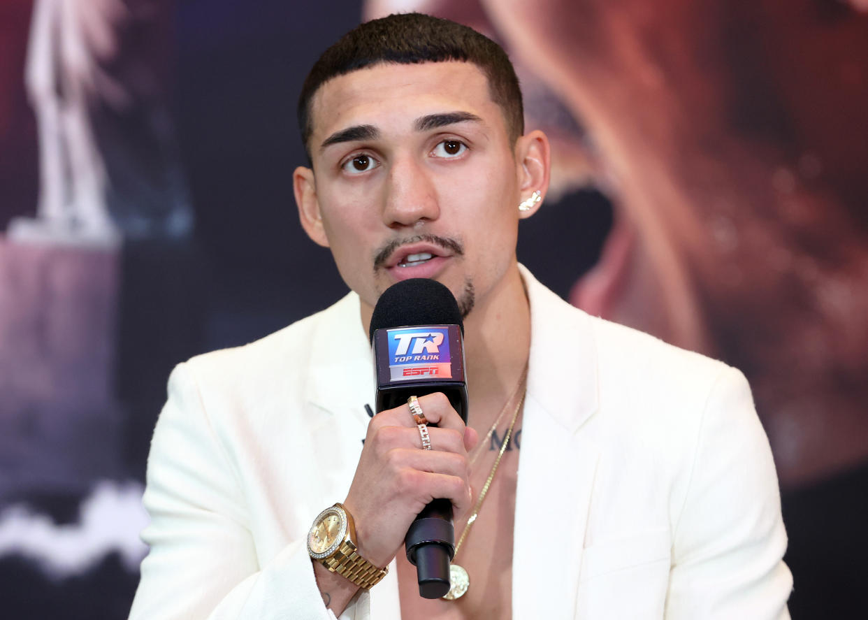 NEW YORK, NEW YORK - JUNE 08: Teofimo Lopez speaks during the press conference ahead of his June 10 WBO junior welterweight championship fight against Josh Taylor, at Chase Square at Madison Square Garden on June 08, 2023 in New York City. (Photo by Mikey Williams/Top Rank Inc via Getty Images)