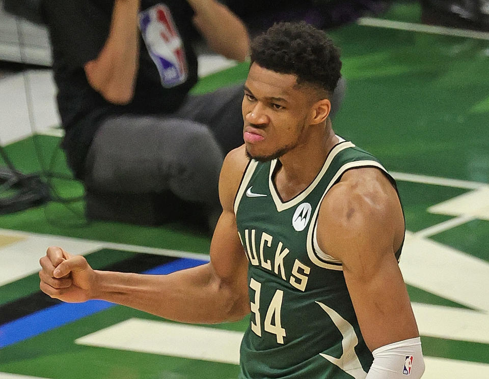 Giannis Antetokounmpo would climb the NBA's all-time player rankings with a championship and Finals MVP. (Jonathan Daniel/Getty Images)