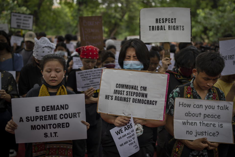 A female protestor cries as students and activists take part in a protest demonstration against deadly ethnic clashes in the country's northeastern state of Manipur, in New Delhi, India, Saturday, July, 22, 2023. Protests are being held across the country after a video showed a mob assaulting two women who were paraded naked. Thousands of people, mostly women, held a massive sit-in protest in India's violence-wracked northeastern state of Manipur state demanding immediate arrest of those involved in the harrowing assault. (AP Photo/Altaf Qadri)