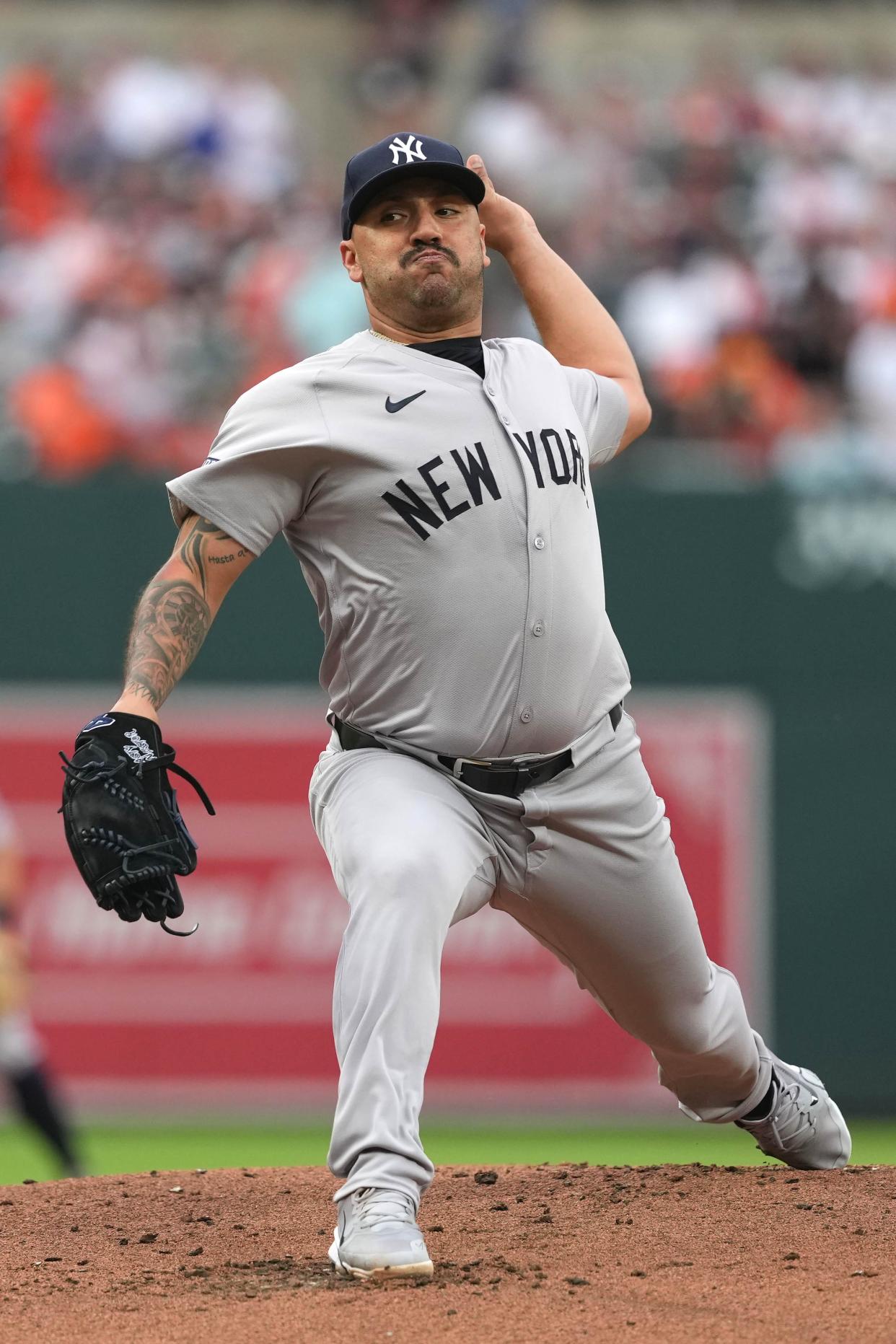 Apr 30, 2024; Baltimore, Maryland, USA; New York Yankees pitcher Nestor Cortes (65) delivers in the first inning against the Baltimore Orioles at Oriole Park at Camden Yards. Mandatory Credit: Mitch Stringer-USA TODAY Sports