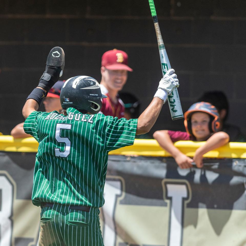 Victor Valley’s Alex Rodriguez celebrates after scoring a run in the all-star baseball game at Hesperia High School on Saturday, June 4, 2022.