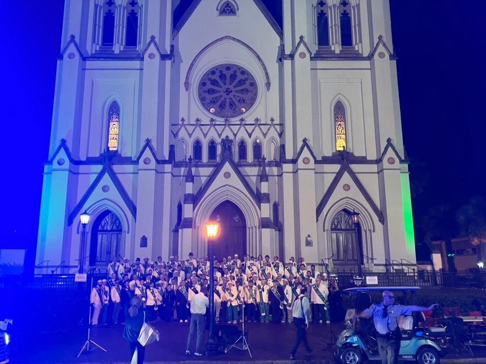 The 2024 Savannah St. Patrick's Day Parade Committee on the step of the Cathedral