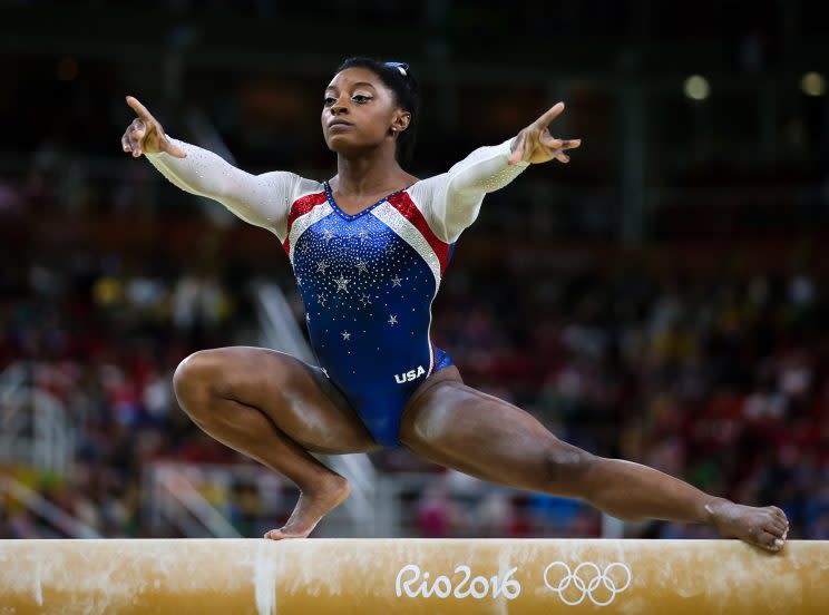 Simone Biles of the USA performs her balance beam routine. (Getty)