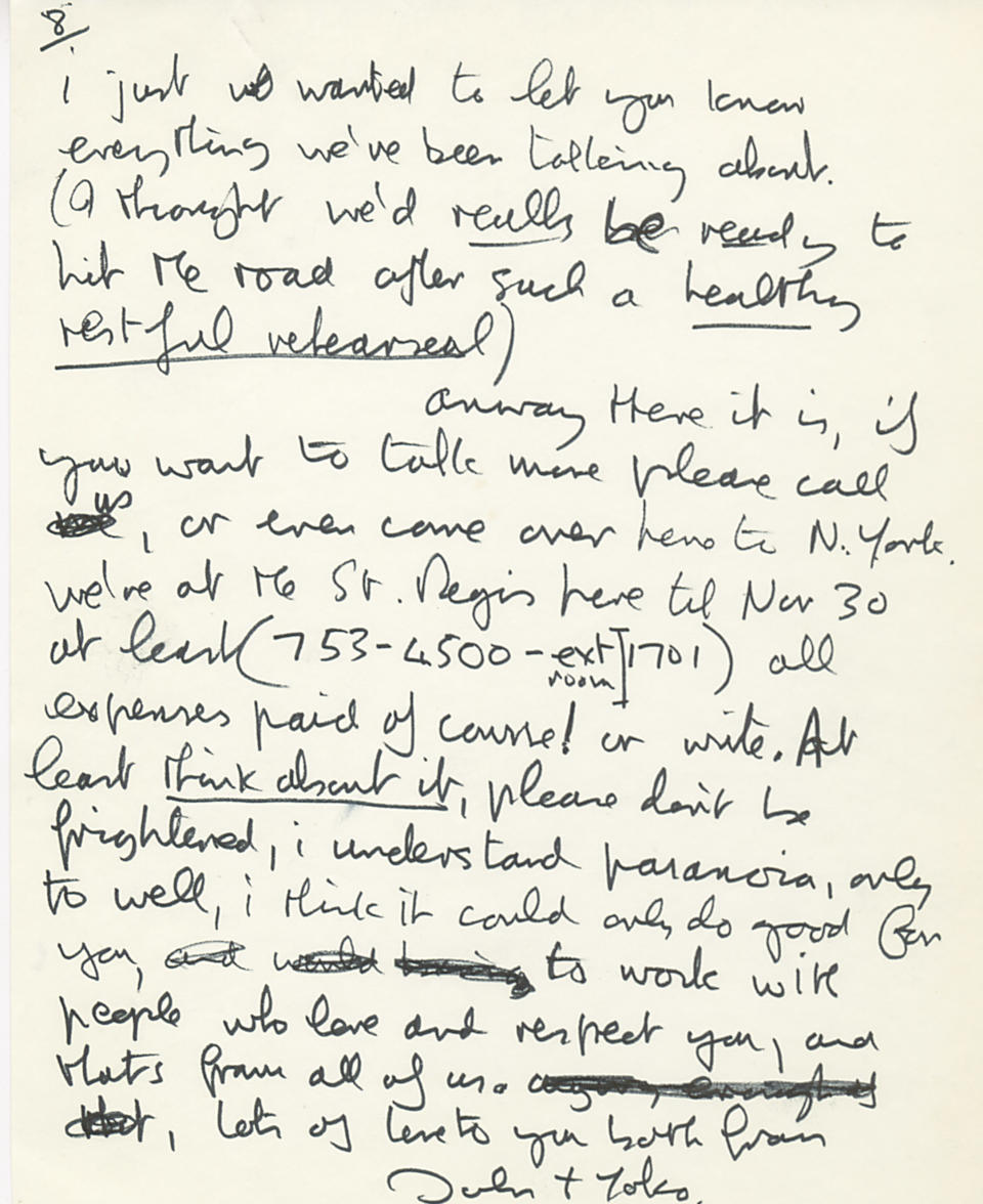 This undated photo provided by Profiles in History shows the second page of a handwritten letter from John Lennon to Eric Clapton. The two-page letter is expected to draw $20,000 to $30,000 during an online and phone auction by Profiles in History on Dec. 18, 2012. (AP Photo/Profiles in History)