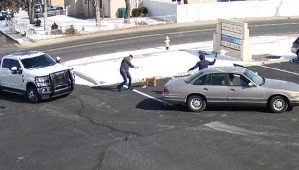 A Feb. 17 incident between Sheriff Shane Ferrari, left, and Jaime Nino in Farmington in which Nino's dog is shot dead is captured by surveillance video.