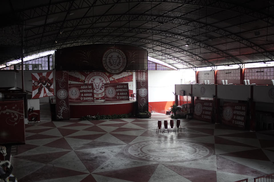 A "quadra" or court, which this time of year is usually filled with Carnival performers practicing their dance moves, sits empty in the Unidos de Padre Miguel samba school, in Rio de Janeiro, Brazil, Monday, Sept. 21, 2020. Rio de Janeiro on Thursday, Sept. 24, said it has delayed its annual Carnival parade, saying the global spectacle cannot go ahead in February because of Brazil’s continued vulnerability to the new coronavirus pandemic. (AP Photo/Silvia Izquierdo)