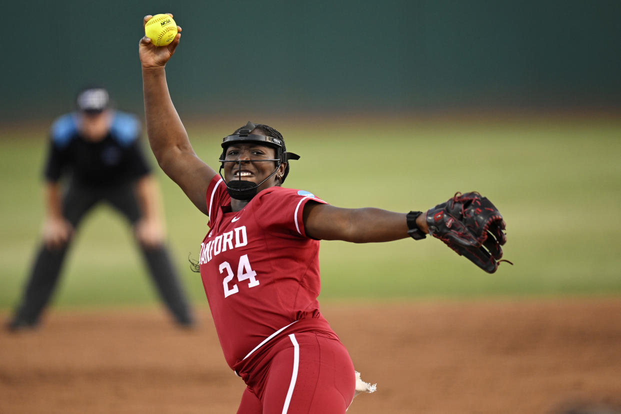 STANFORD, CALIFORNIA - MAY 26: NiJaree Canady #24 of the Stanford Cardinal pitches against the LSU Lady Tigers in the fifth inning during the NCAA Super Regionals at Boyd & Jill Smith Family Stadium on May 26, 2024 in Stanford, California. (Photo by Eakin Howard/Getty Images)