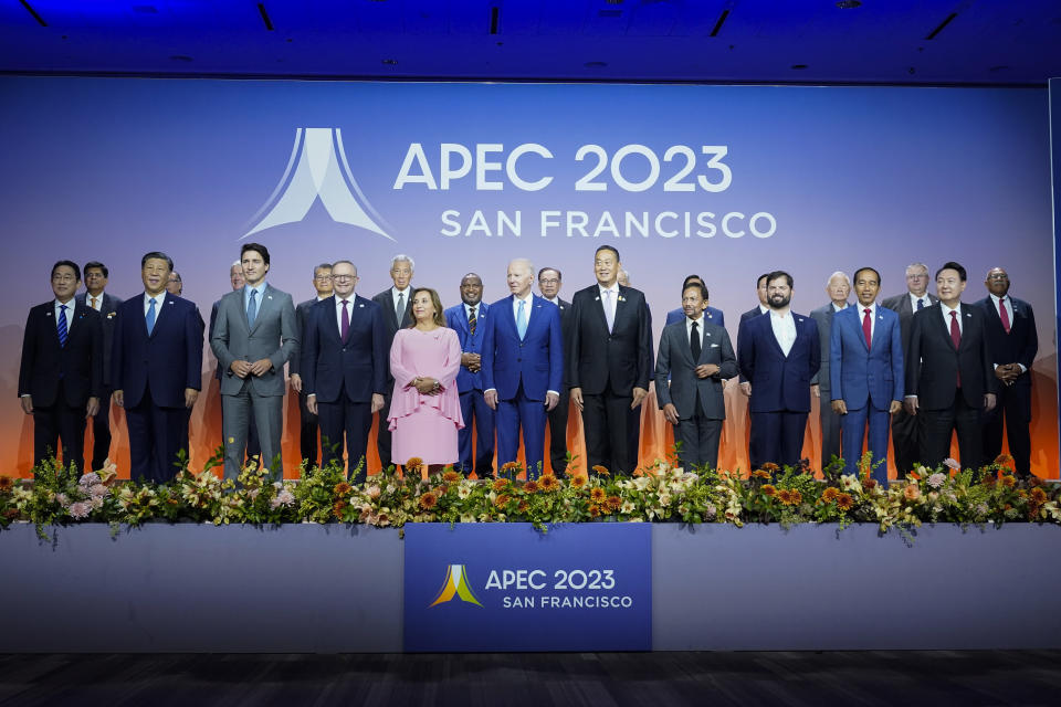 Leaders pose for a family photo at the annual Asia-Pacific Economic Cooperation summit, Thursday, Nov. 16, 2023, in San Francisco. Front row from left are, Japan's Prime Minister Fumio Kishida. China's President Xi Jinping, Canada's Prime Minister Justin Trudeau, Australia's Prime Minister Anthony Albanese, Peru's President Dina Ercilia Boluarte Zegarra, President Joe Biden, Thailand's Prime Minister Srettha Thavisin, Sultan of Brunei Hassanal Bolkiah, Chile's President Gabriel Boric, Indonesia's President Joko Widodo, South Korea's President Yoon Suk Yeol. (AP Photo/Godofredo A. Vásquez)