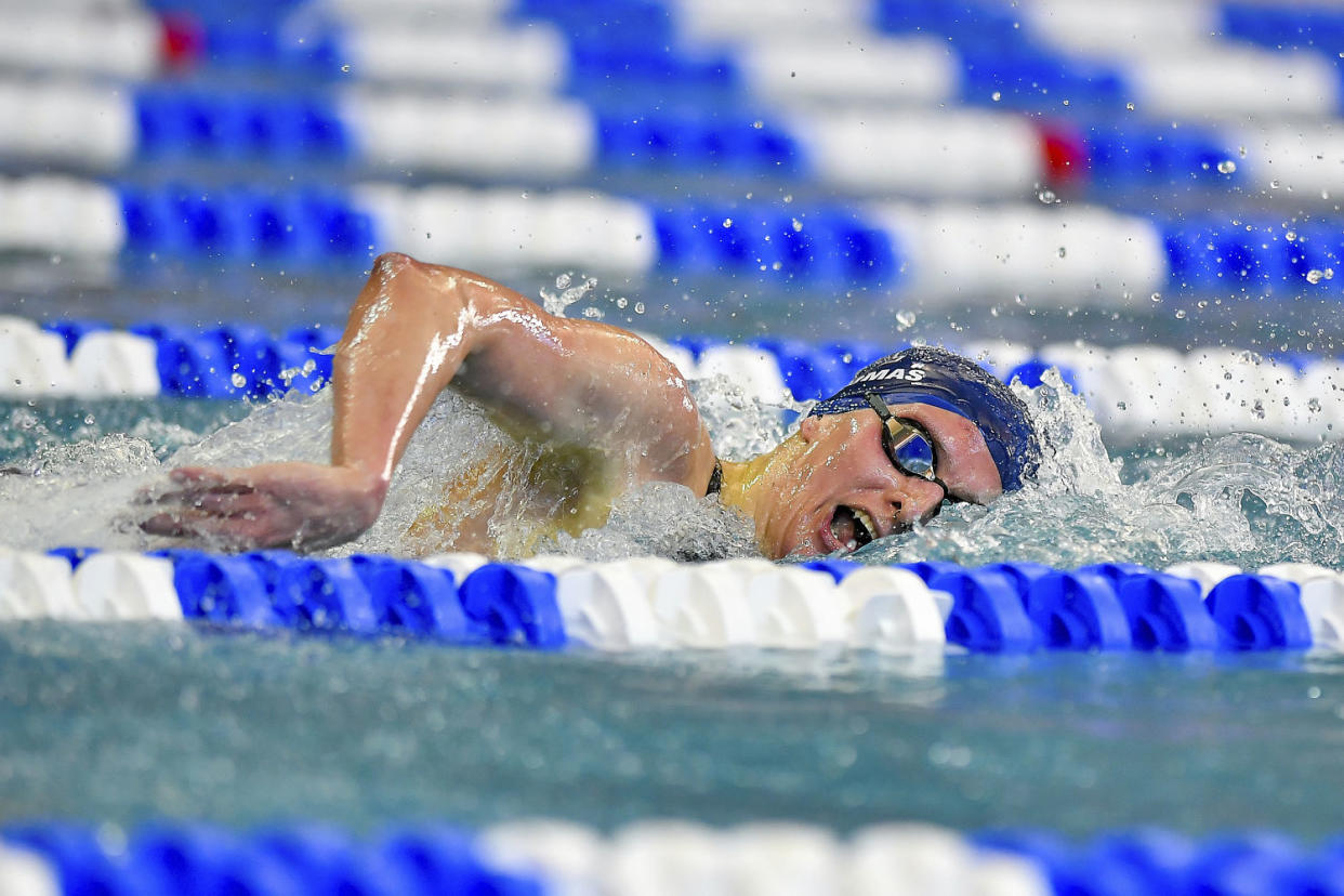 University of Pennsylvania swimmer Lia Thomas competes on March 17, 2022 at the McAuley Aquatic Center in Atlanta.  (Rich von Biberstein / Icon Sportswire via AP)