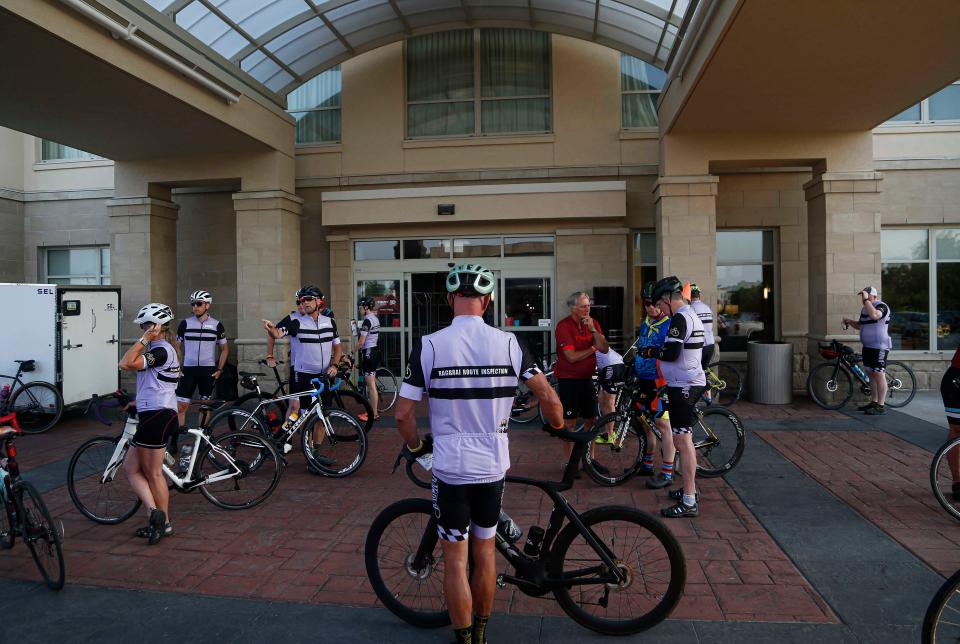 Cyclists get ready to roll out of Coralville during the RAGBRAI route inspection pre-ride along the day 7 route on Saturday, June 10, 2023.