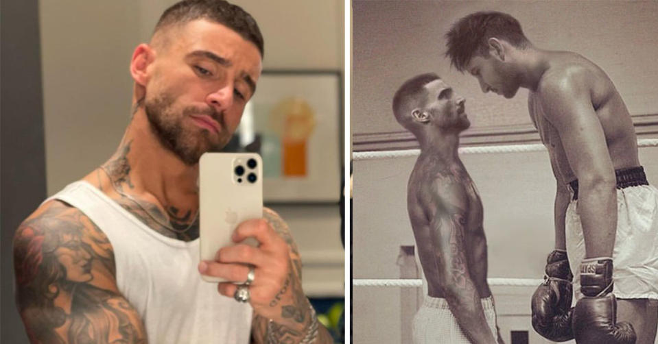 On the left, MAFS star Brent Vitiello takes a photo of himself, on the right a heavily edited photo of Daniel Holmes towering over Brent Vitiello in boxing outfits