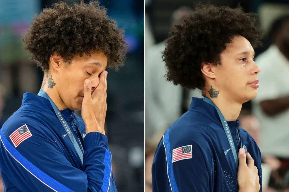 <p>Tim Clayton/Corbis via Getty; Jean Catuffe/Getty</p> Brittney Griner tears up as the "Star Spangled Banner" played at the 2024 Paris Olympics on August 11th, 2024