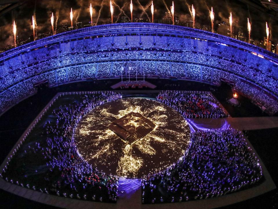 A lights show during the Tokyo Olympics closing ceremony.