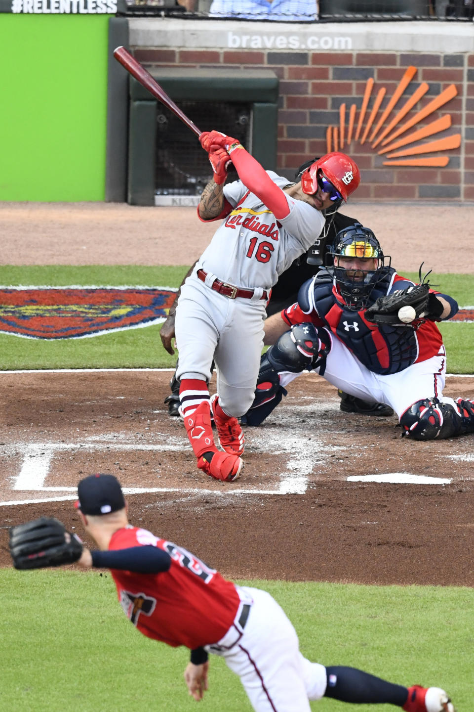St. Louis Cardinals second baseman Kolten Wong (16) strikes out in the second inning during Game 2 of a best-of-five National League Division Series against the Atlanta Braves, Friday, Oct. 4, 2019, in Atlanta. (AP Photo/Scott Cunningham)