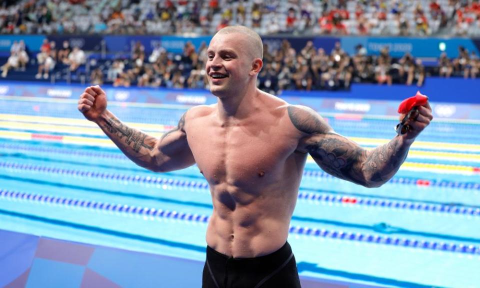 Adam Peaty reacts after winning the gold medal in the Men’s 100m breaststroke final in Tokyo.