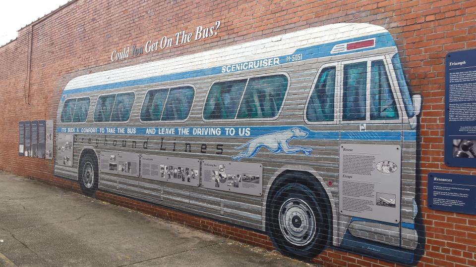 A mural near the Greyhound bus station in Anniston, Alabama, one of several stops on the Anniston Civil Rights and Heritage Trail.