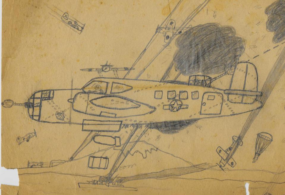 Sketch of imagined wartime battle scene from the Wilbur Jones’s desk in Forest Hills School.