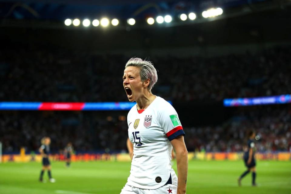 Megan Rapinoe of the USA celebrates after scoring during the 2019 FIFA Women's World Cup France Quarter Final match between France and USA at Parc des Princes on June 28, 2019, in Paris, France. (Richard Heathcote/Getty)