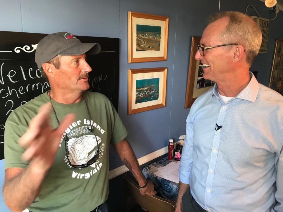 Former Rep. Bob Inglis talks about climate change with James Eskridge, the Republican mayor of Tangier Island, Virginia, in August 2017.