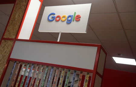 Signage is seen at a Google digital workshop stand at the Labour Party Conference venue in Brighton, Britain, September 26, 2017. REUTERS/Toby Melville