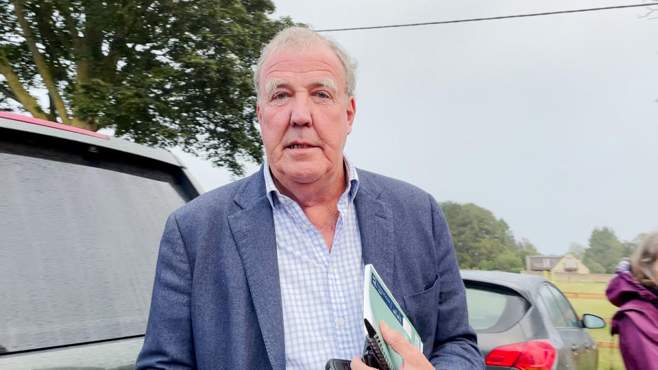 Jeremy Clarkson at the Memorial Hall in Chadlington, where he held a showdown meeting with local residents over concerns about his Oxfordshire farm shop. Picture date: Thursday September 9, 2021. (Photo by PA Video/PA Images via Getty Images)