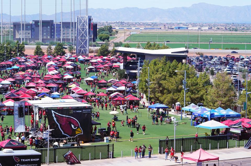 The BetMGM Sportsbook (back right) opened for business during the season opener between the Kansas City Chiefs and the Arizona Cardinals on the Great Lawn outside of State Farm Stadium.