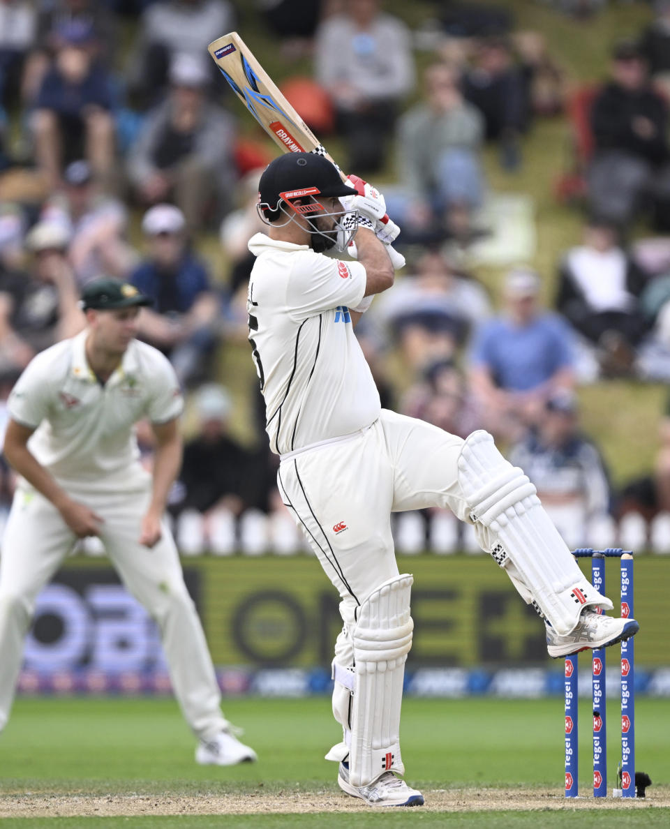 New Zealand's Daryl Mitchell bats on day four of the first cricket test match between New Zealand and Australia at the Basin Reserve in Wellington, New Zealand, Sunday, March 3, 2024. (Andrew Cornaga/Photosport via AP)