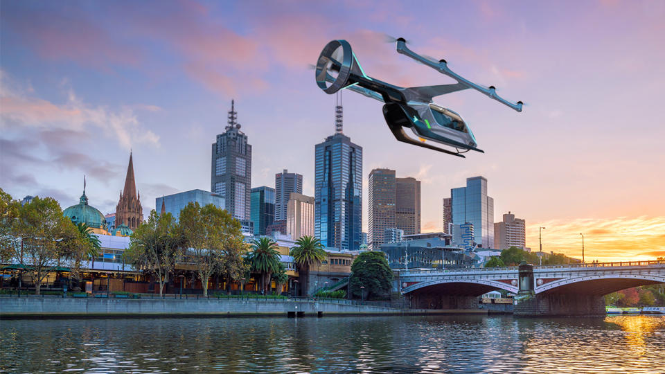 Pictured: An Uber Air flying car travelling across Melbourne. Image: Uber