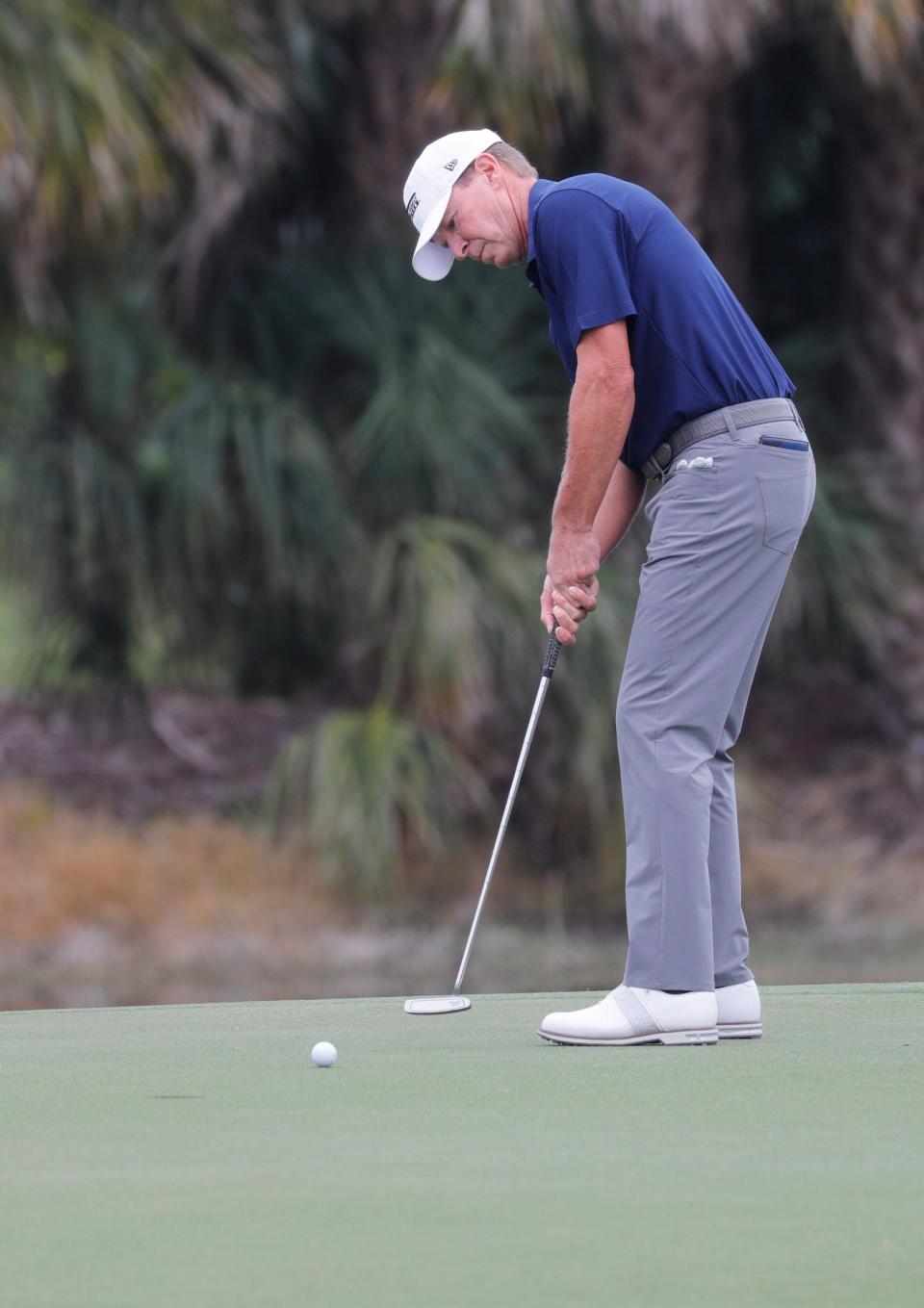 Steve Stricker swings his putter on the first green while participating in the The 2023 Chubb Classic Tournament at Tiburon Golf Club in Naples was Friday, Feb. 17, 2023. 