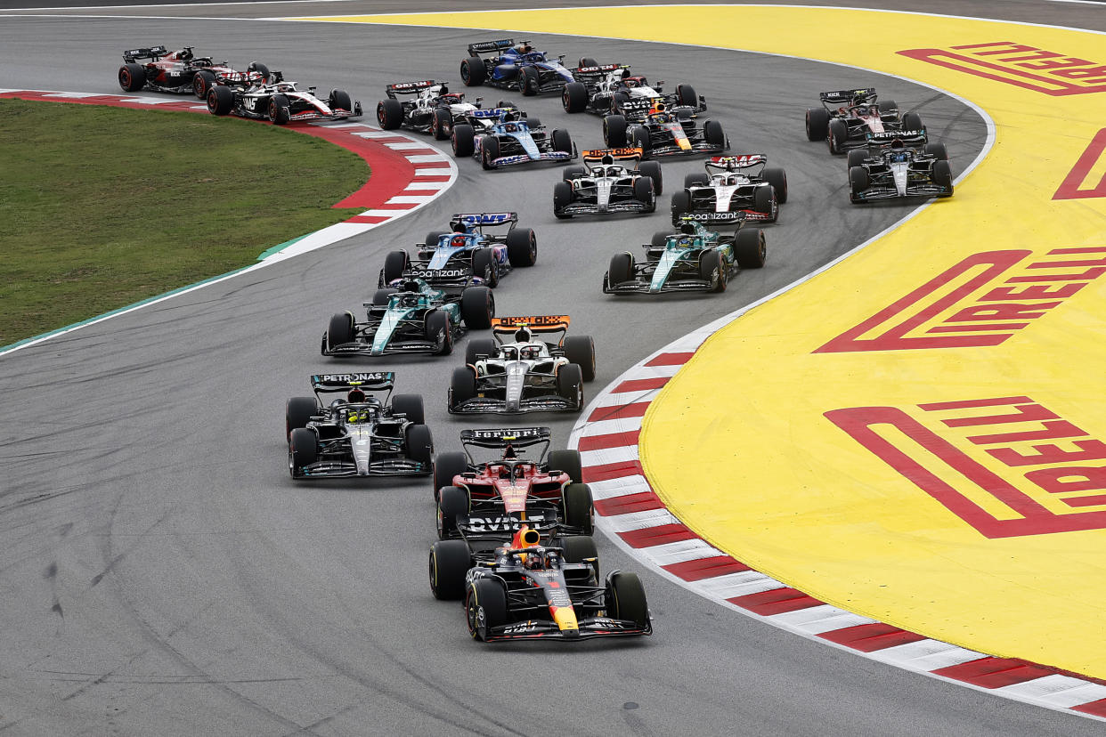 Red Bull driver Max Verstappen of the Netherlands leads at the start of the Spanish Formula One Grand Prix at the Barcelona Catalunya racetrack in Montmelo, Spain, Sunday, June 4, 2023. (AP Photo/Joan Monfort)
