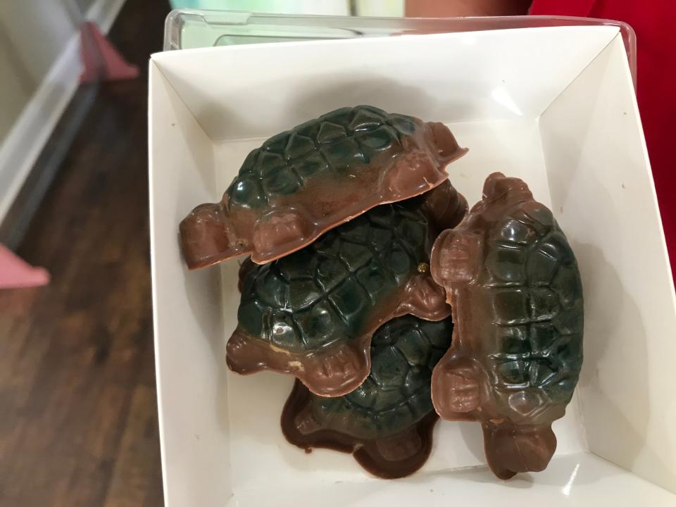 Turtle-shaped, chocolate and caramel turtle clusters from Trish's Truffles and Sweet Treats in Monaca.