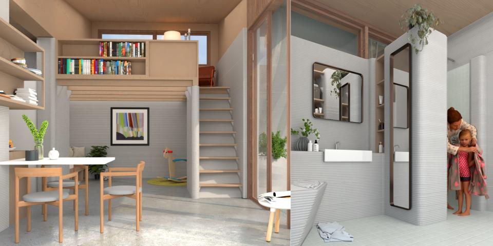 composite of 3d printed home interior renderings