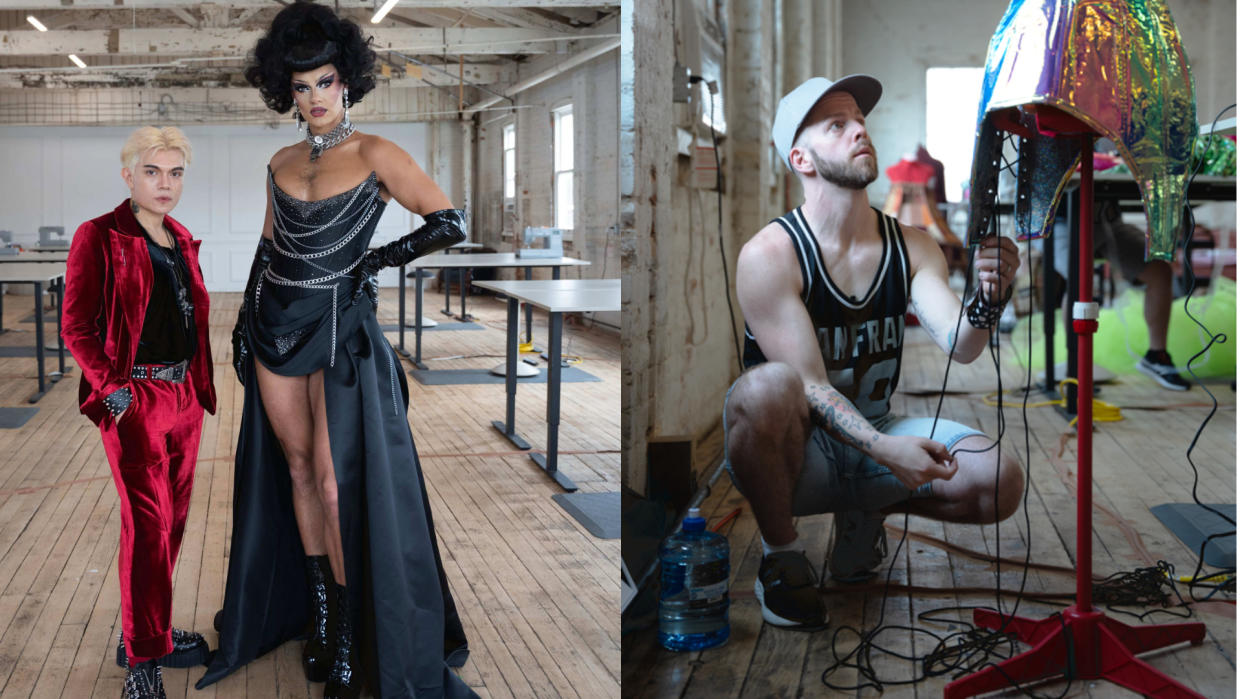 Composite of drag star Crystal and Jaime Lujan alongside a contestant on Sew Fierce making adjustments to a mannequin