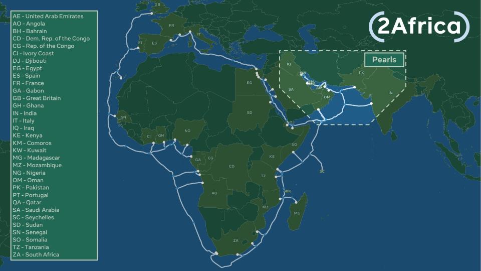 A map of the 2Africa subsea internet cable.