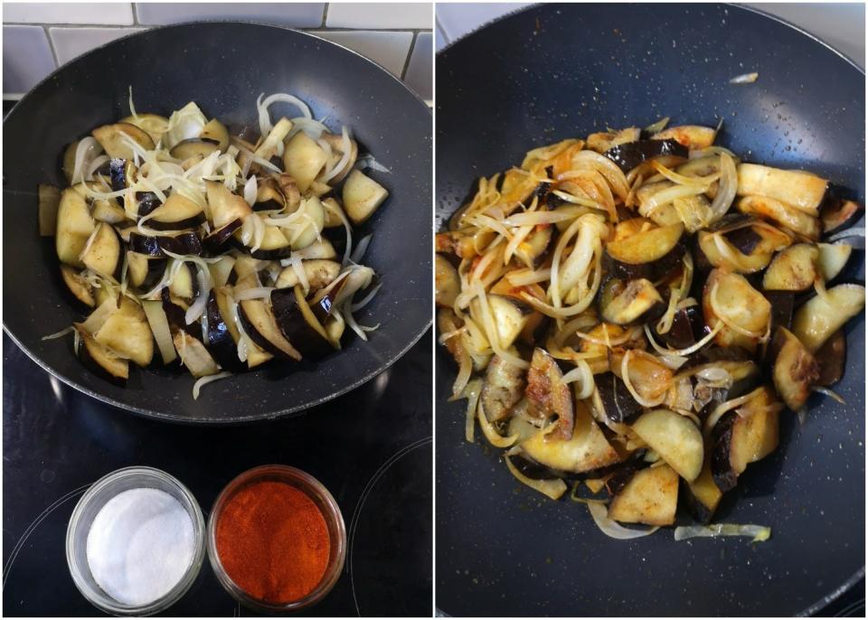 Onion and aubergines cooking in red chilli powder and salt.