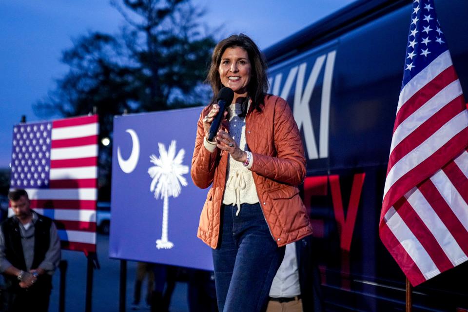 Republican presidential candidate Nikki Haley is pictured speaking at an event in Myrtle Beach, South Carolina.
