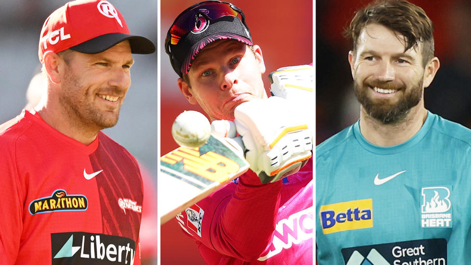 Aaron Finch, Steve Smith and Michael Neser are pictured.
