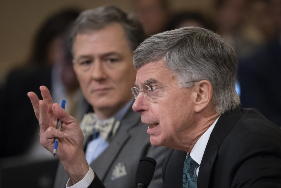 The top U.S. diplomat in Ukraine William Taylo and career Foreign Service officer George Kent testify before the House Intelligence Committee on Capitol Hill in Washington, Wednesday, Nov. 13, 2019/  (AP Photo/J. Scott Applewhite)                                                                                               