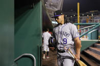 Colorado Rockies' Connor Joe walks out of the dugout after a baseball game against the Washington Nationals, Thursday, May 26, 2022, in Washington. Washington won 7-3. (AP Photo/Patrick Semansky)