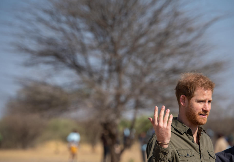 The Duke of Sussex gives a television interview during a tree planting event with local school children, at the Chobe National Park, Botswana.