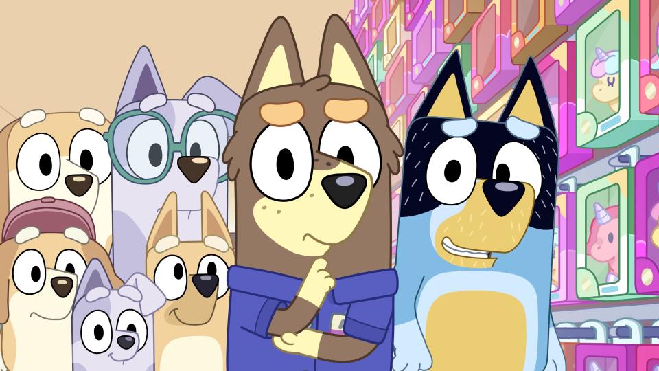 This image released by Disney Channel shows the character Alfie, voiced by Robert Irwin, center, in a scene from the animated series "Bluey." Irwin has long acted as a voice for animals. Now he’s actually voicing an animal. The 17-year-old son of the late conservationist Steve Irwin this week lends his voice to the character Alfie on the popular children’s TV show. (Disney Channel via AP)